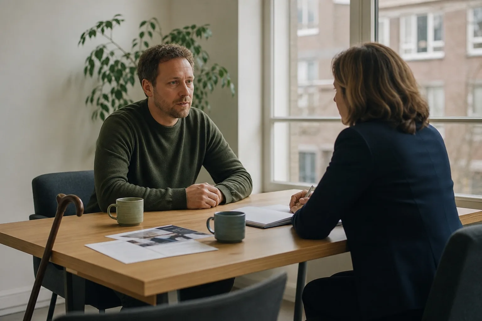 Arbeidsdeskundige in gesprek met een slachtoffer over werk na letsel