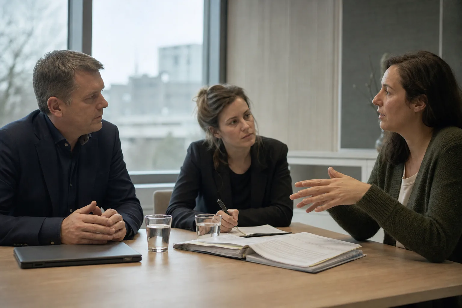 Verzekeraar en advocaat bespreken een dossier met de arbeidsdeskundige